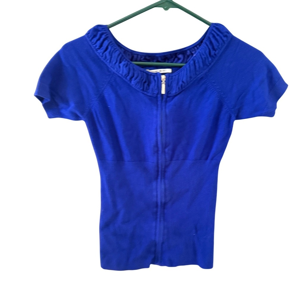 Nikibiki Y2k Royal Blue Ruffled Zip Front Short Sleeve Ribbed Knit Top T0555